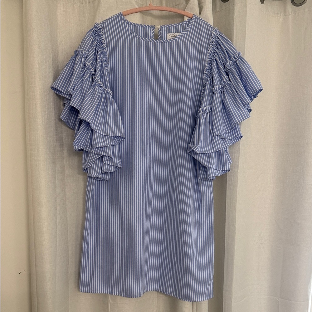 Blue Striped Ruffle Sleeve Dress